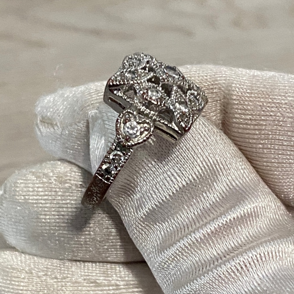 Silver Vintage Style Square Filigree Ring Floral & Crystals Marcasite Accents - Picture 6 of 16